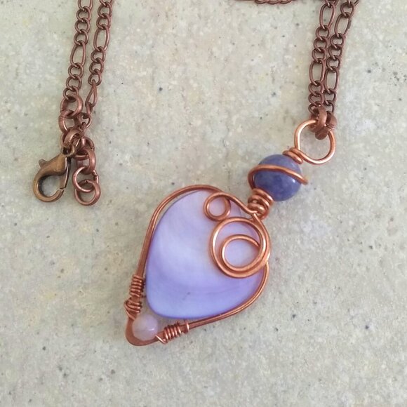 Feminine Essence | Copper-Wrapped Lilac Shell Heart Necklace | - Picture 7 of 15